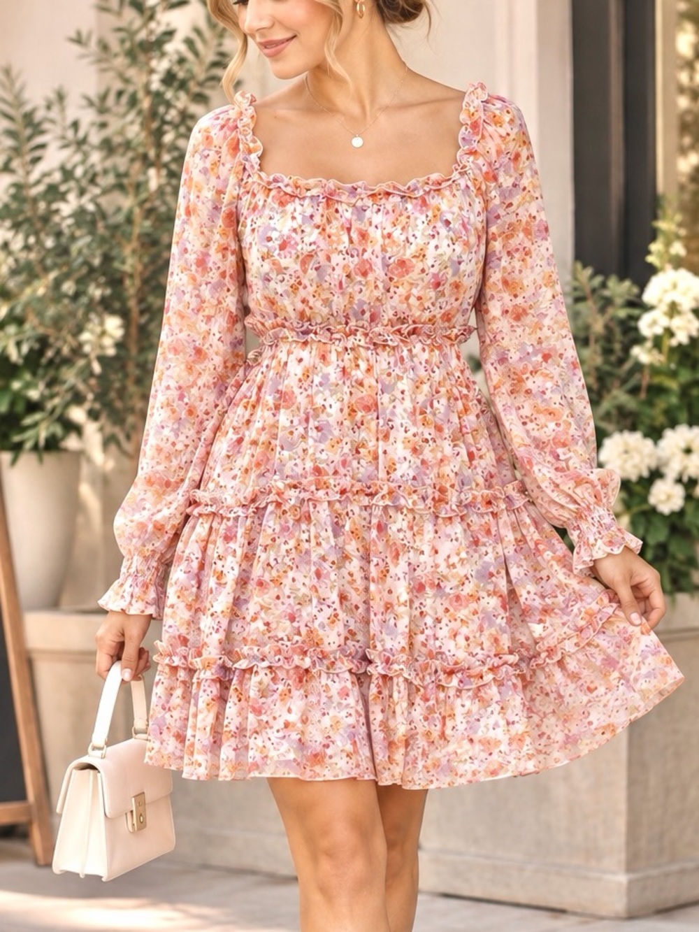 Jessica Simpson Floral Long Sleeve Dress side cuts on hips